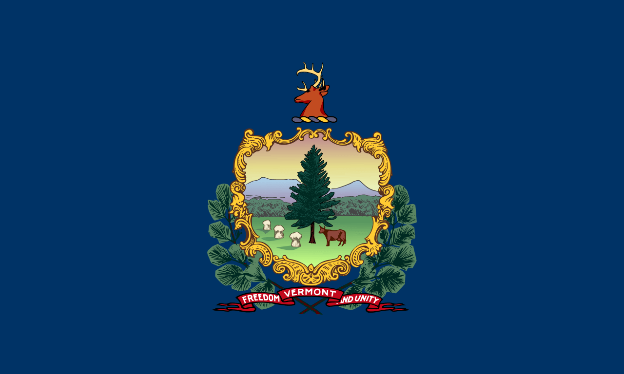 Vermont Flag displays the coat or arms and motto of the U.S. state of Vermont ("Freedom and Unity) on a rectangular blue background.